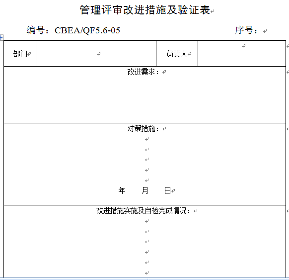 管理评审改进措施及验证表下载 免费版